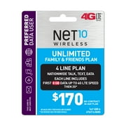 Net10 $170 Unlimited Family & Friends Plan for 4 Lines (8GB of data per line at high speeds, then 2G*) (Email Delivery)