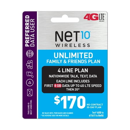 Net10 $170 Unlimited Family & Friends Plan for 4 Lines (8GB of data per line at high speeds, then 2G*) (Email Delivery)