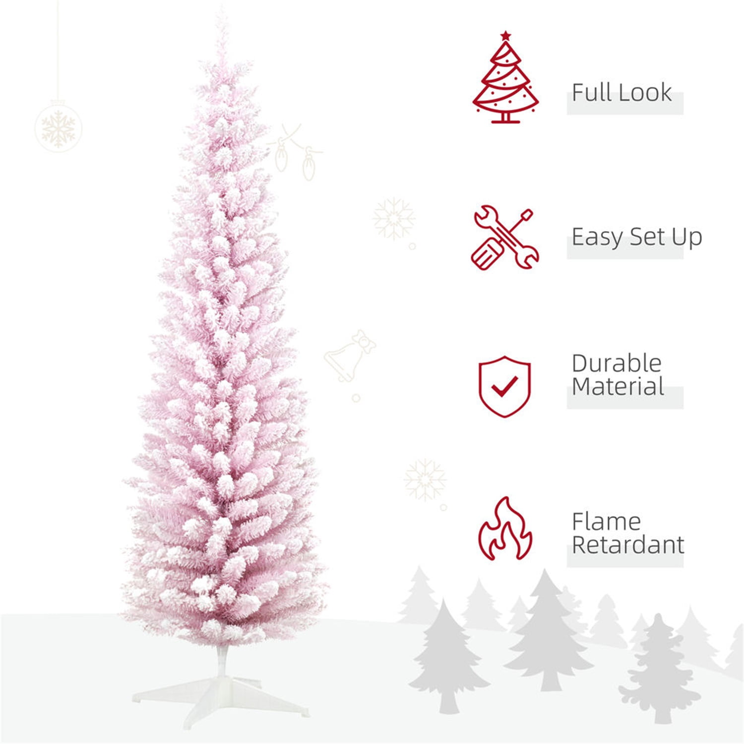 Hommoo Decorations,7' Snow Flocked Artificial Pencil Christmas Tree, Slim Xmas Tree with Realistic Branches and Plastic Base Stand for Indoor Decoration,Pink