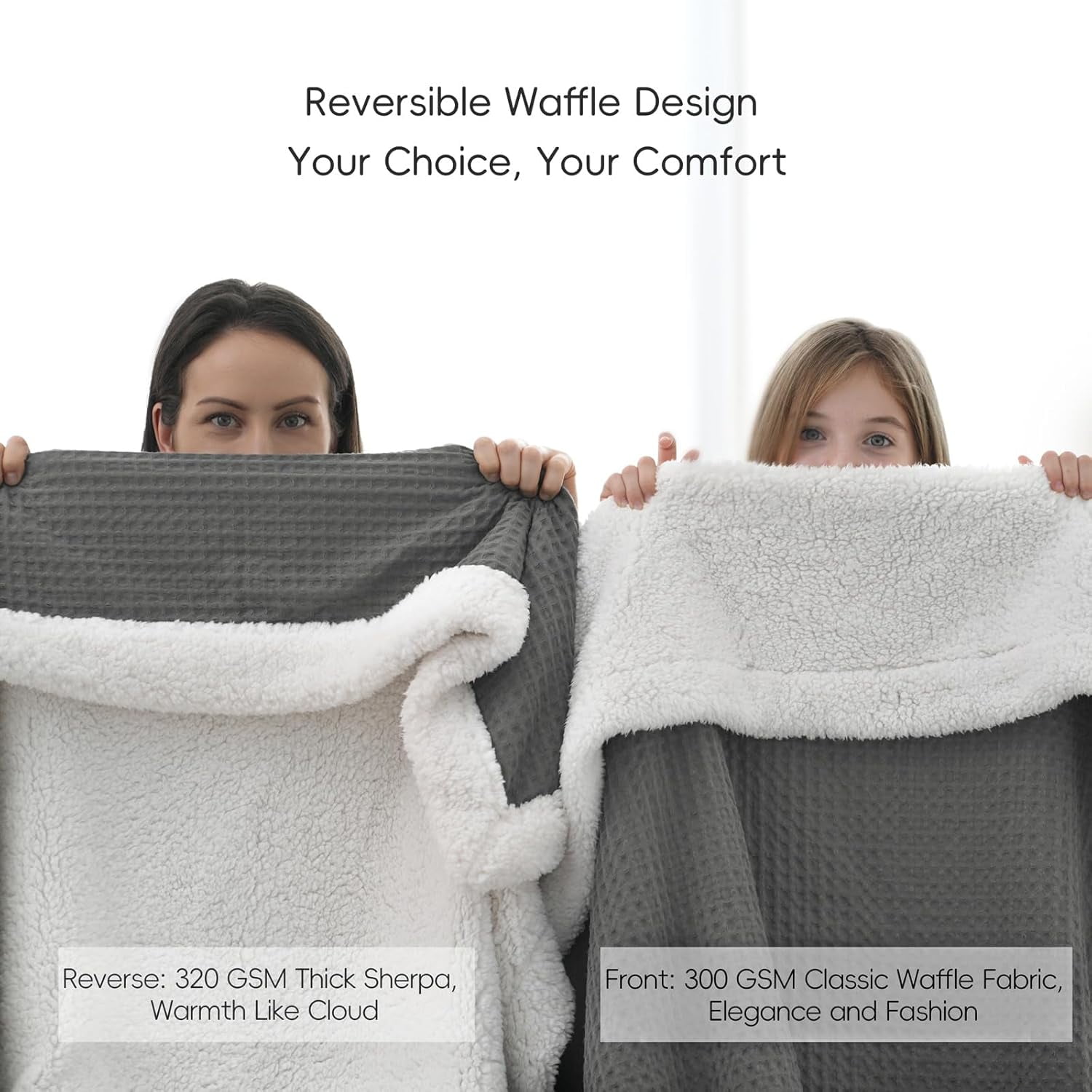 PHF Waffle Sherpa Bed Blanket Twin Size, Cozy Warm Reversible Plush Flannel Blanket for Winter, 60" x 80", Grey