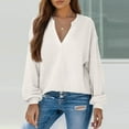 thumbnail image 3 of Women's Solid Color Waffle-Knit T-Shirt Casual Soft Long-Sleeve V-Neck Loose Shirt Top, 3 of 7