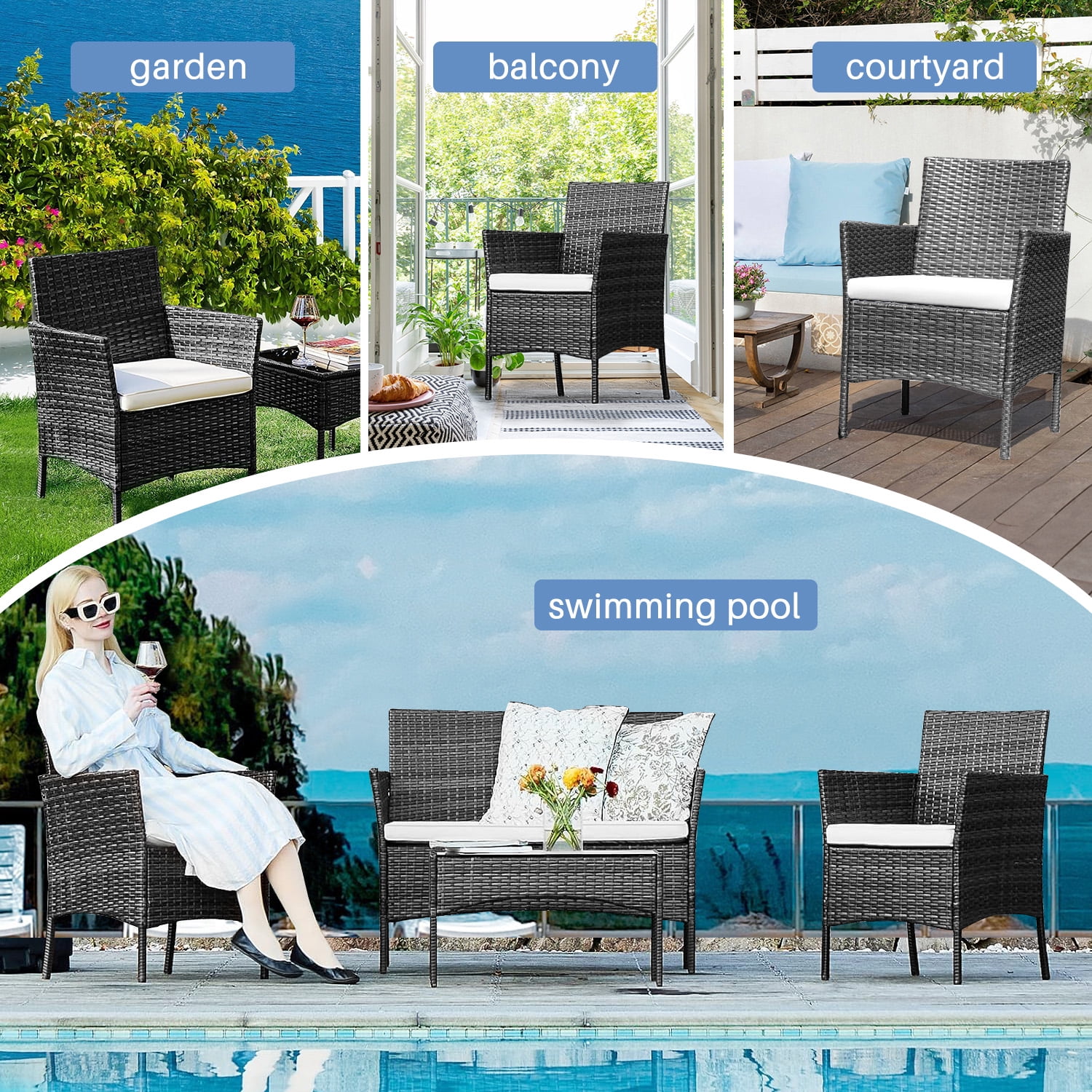 Simenmax Patio Furniture Set 4 Pieces, Outdoor Wicker Furniture with Coffee Table, Modern Rattan Patio Chairs Conversation Sets with Sofa for Garden, Terrace, Porch, Balconies, Lawns,Black