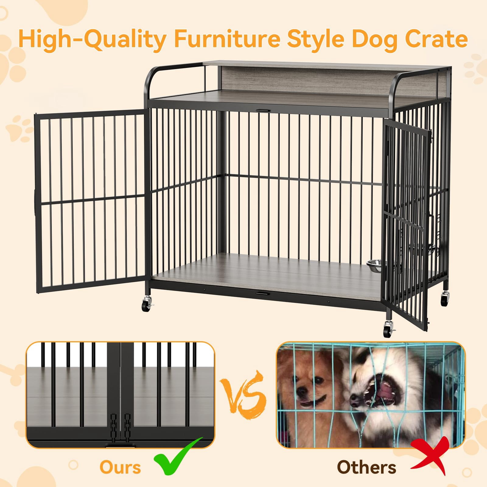 Danolapsi 48" W Large Dog Crate Furniture,with 360° Adjustable Elevated Feeder,Dog Crate with 360° Wheels for Easy Mobility,Heavy Dog Furniture,Indoor Decorative Dog Kennel,Sturdy Metal Construction