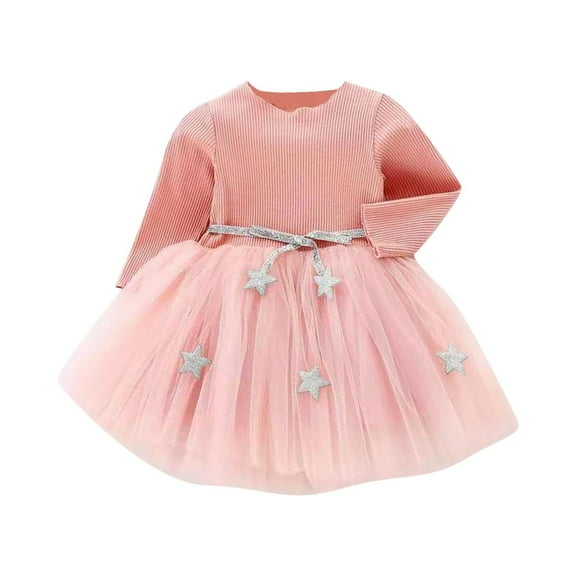Toddler Girls Tulle Dresses Fall Long Sleeves Star Tutu Skirt Splice Ruffle Party Princess Tulle Dress for 3-8 Years