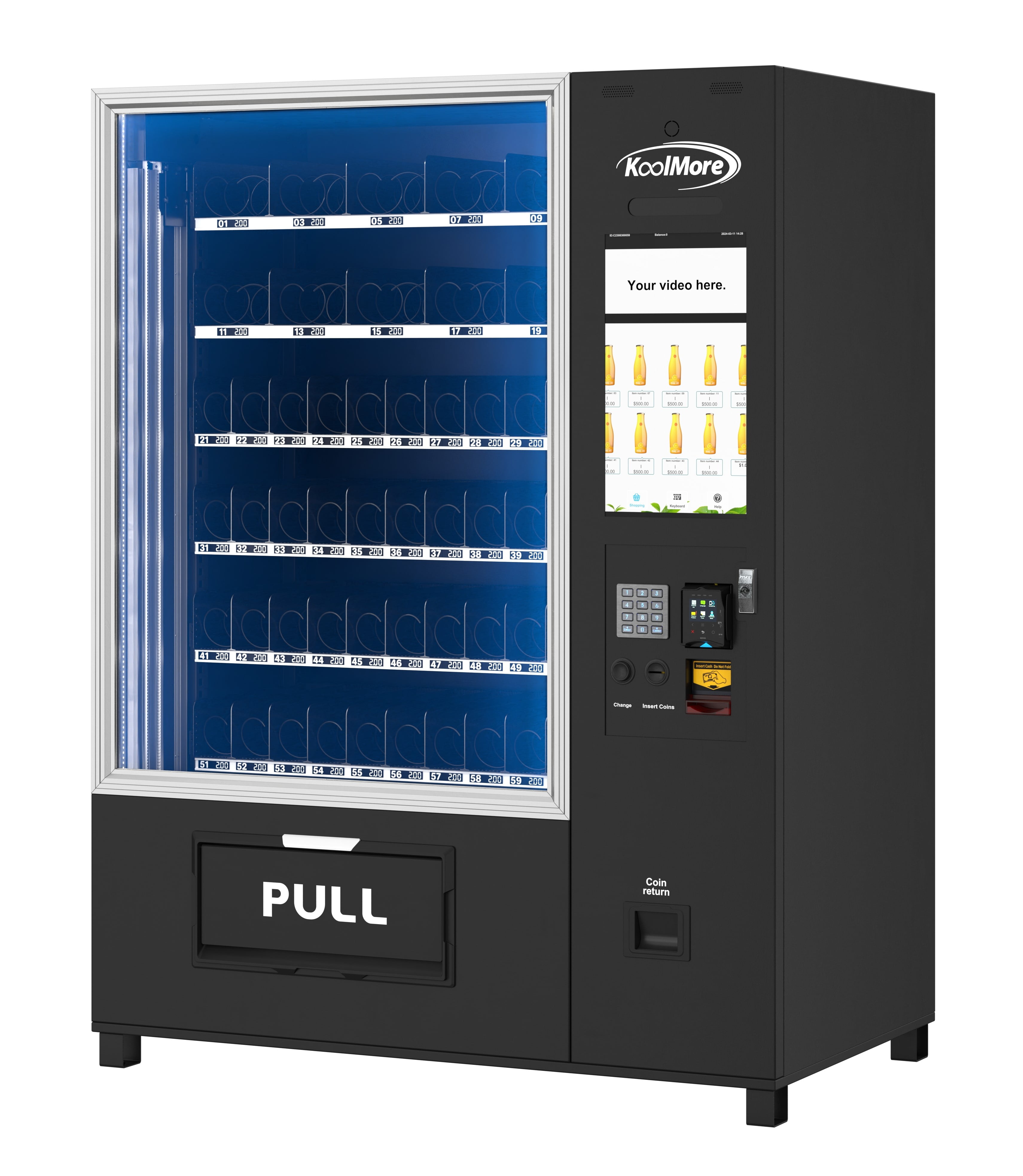 Refrigerated Snack Vending Machine In Black With 66 Slots and 21.5 Inch Touch Display Featuring Elevator-Lift Dispensing System,Bill Acceptor, Credit Card Reader, Wifi and 4G Connectivity