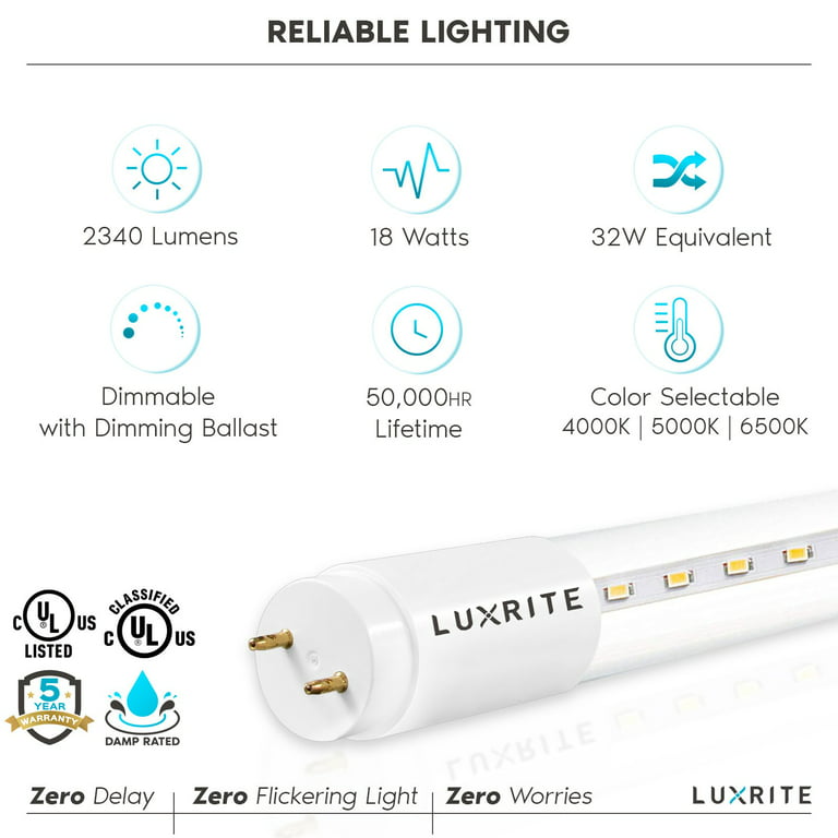dybt ikke lindre Luxrite 4FT T8 LED Tube Light, Type A+B, 18W=32W, 3 Colors 4000K 5000K  6500K, Single and Double End Powered, Plug and Play or Ballast Bypass, 2340  Lumens, F32T8, Frosted Cover, UL, DLC