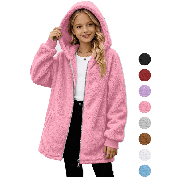 Girls Fleece Jackets Casual Long Sleeve Hooded Zip Up Jacket Double Fleece Loose Winter Warm Coat with Pockets 5-15 Years