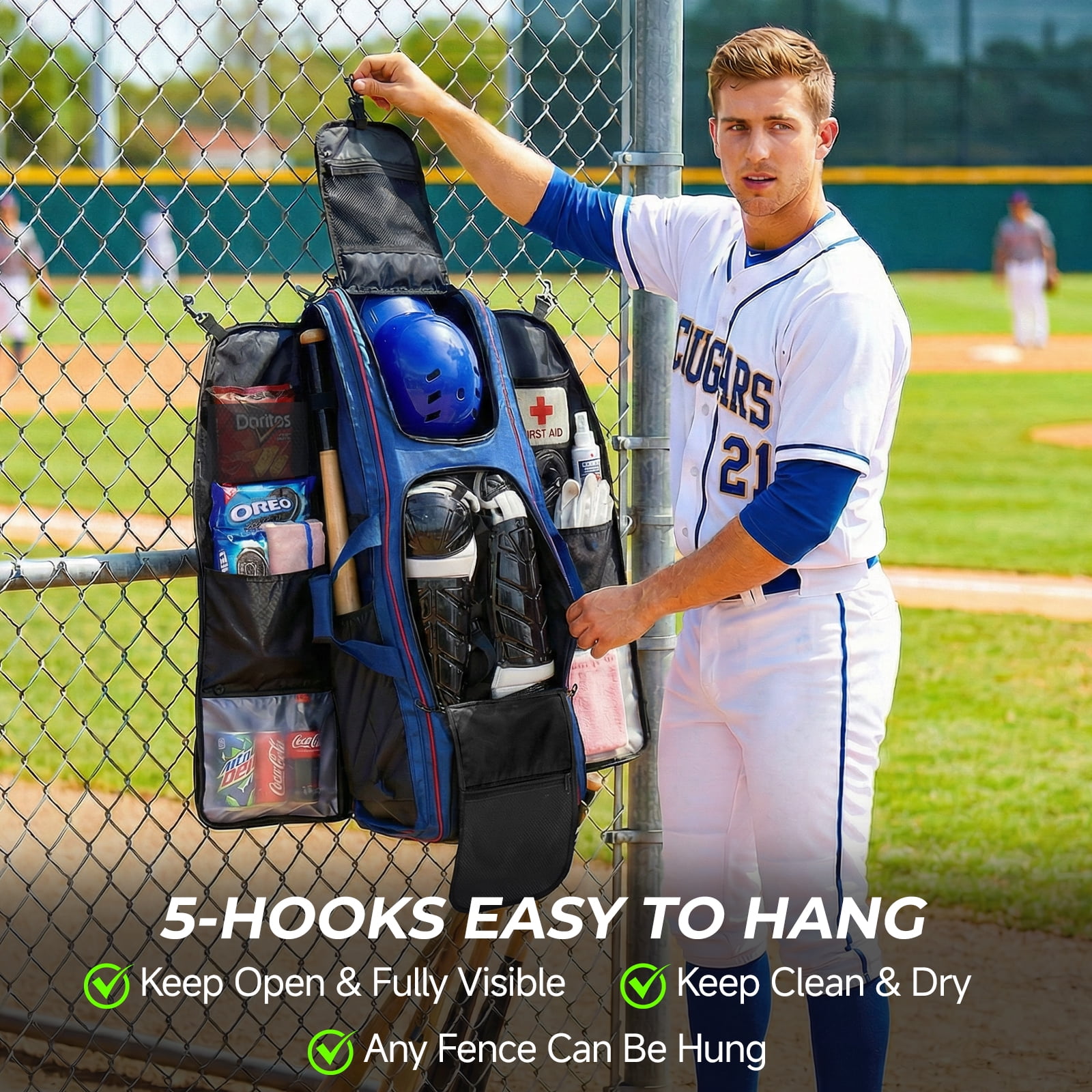 Fegat Rolling Baseball Bag, 100L Large Catcher Gear Bag Softball Bags with Wheels, Youth Equipment Bag Holds 8 Bats, Full Set, with Fence Hooks, Reflective Strip, Shoe Compartment