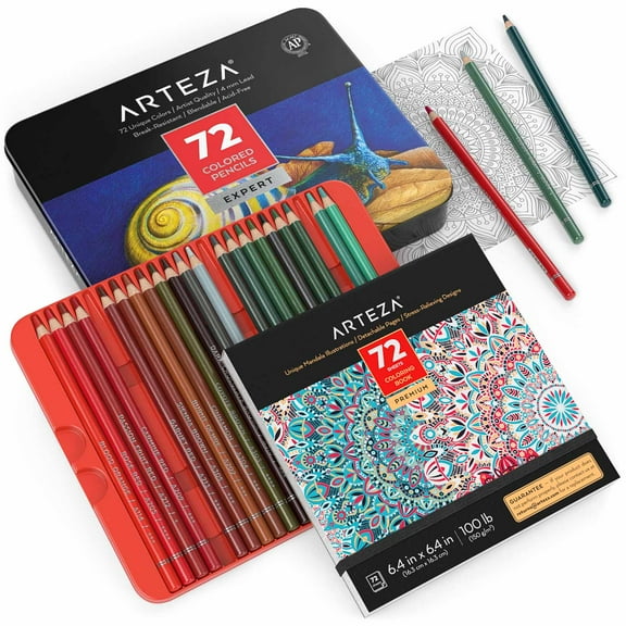Arteza Adult Mandala Coloring Art Set, Colored Pencils 72 and Animal Coloring Book for Adults Kids Artists