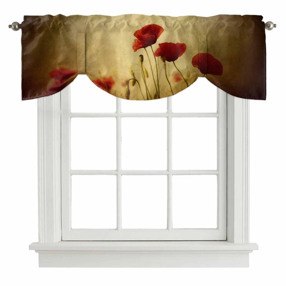 Tie Up Valances for Windows, Red Poppy Flower Adjustable Valance Curtains Window Treatment for Living Room, Vintage Farmhouse Vintage Floral Plant Rod Pocket Kitchen Curtains & Drapes 54x18 Inch