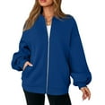 thumbnail image 3 of WTOBBY Women's Oversized Zip Up Jacket, Solid Color V-Neck Long Sleeve, Loose Fit Casual Outerwear, Street Fashion Style, Comfortable Lightweight Coat,Blue L, 3 of 6
