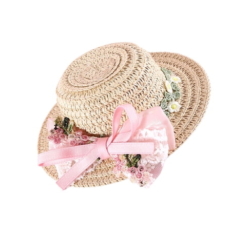 Puppy Straw Hat Dogs Sunbonnet with Ribbon Bows Supplies Collar Flower Hat Straw Hat with Strap Lace Belt