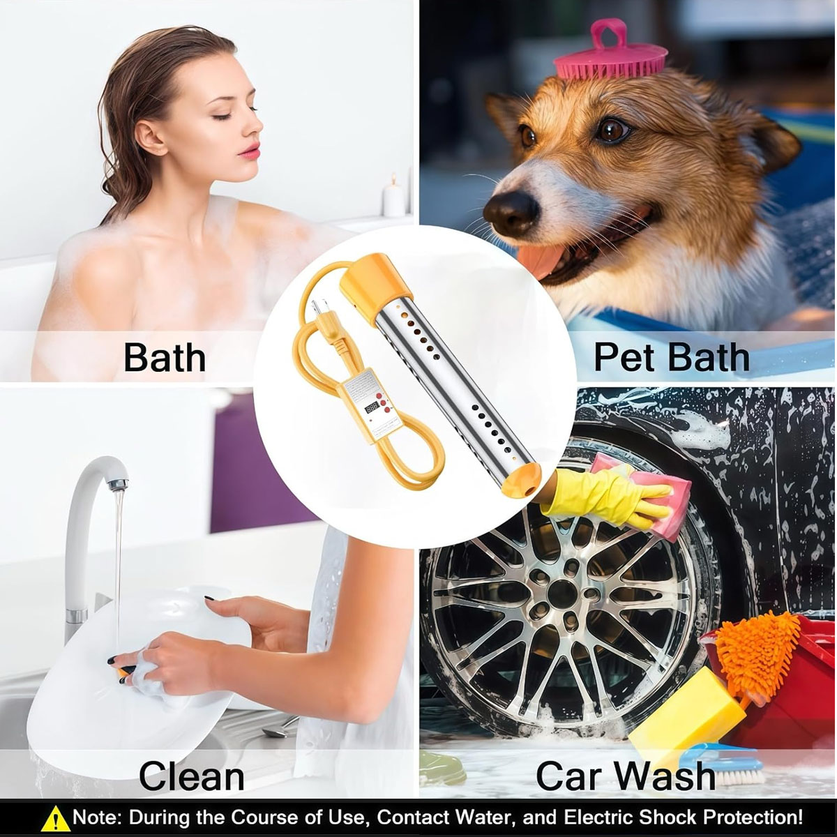 2000W Electric Immersion Water Heater with Timer & LCD Thermometer - Stainless Steel Guard for Bucket, Bathtub, Pool, Camping - 110V Portable Instant Heating Rod,Yellow
