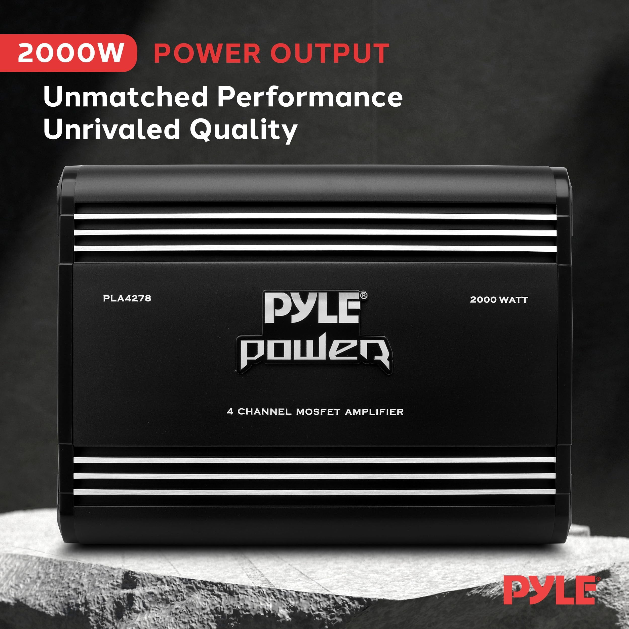 PYLE 4 Channel Car Stereo Amplifier - 2000W High Power 4-Channel Bridgeable Audio Sound Auto Small Speaker Amp Box w/ MOSFET, Crossover, Bass Boost Control, Silver Plated RCA Input Output - PLA4278