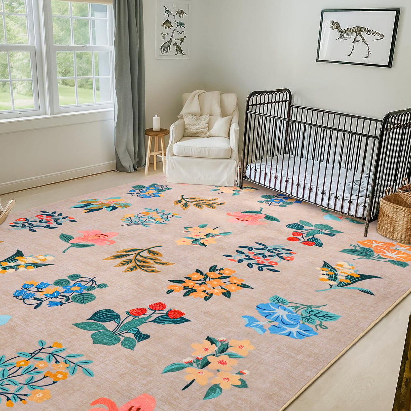 Jamfeel Rugs for Living Room Classic Boho Floral Print Floor Carpets Soft Low Pile Non-slip Washable Area Rug 6'x9' Beige