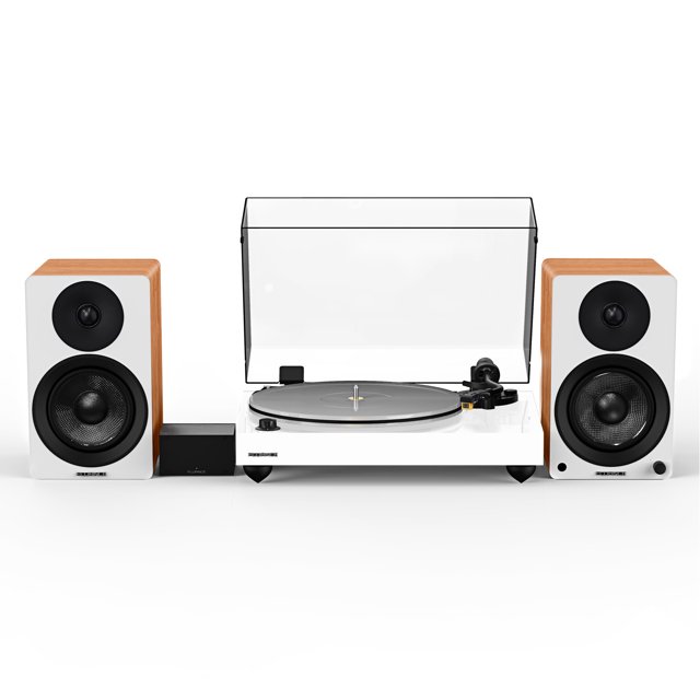 Fluance Reference RT85N High Fidelity Vinyl Turntable (White), PA10 Phono Preamp, Ai41 Powered 5" Bookshelf Speakers (Lucky Bamboo), Nagaoka MP-110 cartridge, 90W Class D Amplifier, Bluetooth