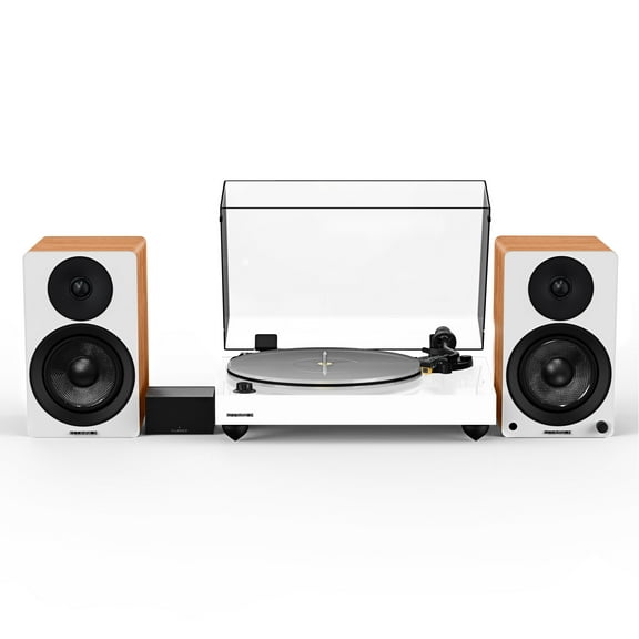 Fluance Reference RT85N High Fidelity Vinyl Turntable (White), PA10 Phono Preamp, Ai41 Powered 5" Bookshelf Speakers (Lucky Bamboo), Nagaoka MP-110 cartridge, 90W Class D Amplifier, Bluetooth