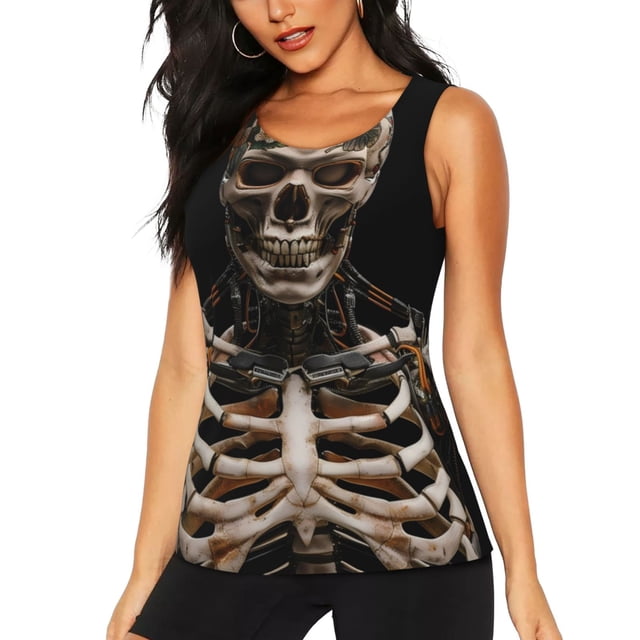 Balery Cyber Skeleton With Tattoos Camiseta sin mangas estampada ligera para mujer, tops de entrenamiento sin mangas, camisetas de yoga transpirables de secado rápido.-Small
