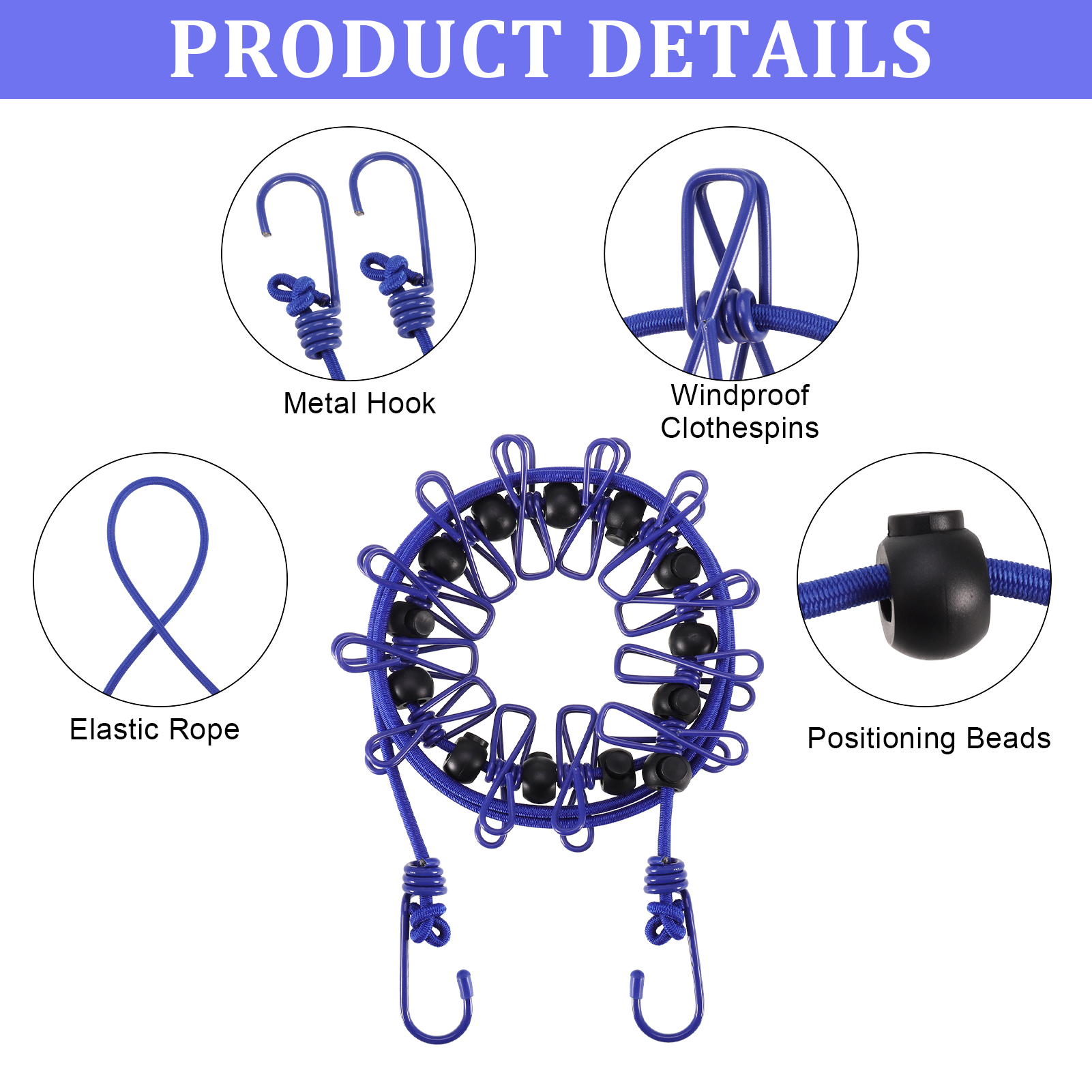Hengguang 2 Pack Portable Clothesline with 12 Clothespins, Windproof Travel Clothesline Stretchy Retractable Elastic Laundry Clothes Line for Backyard, Vacation Hotel, Balcony Clothes Drying Line