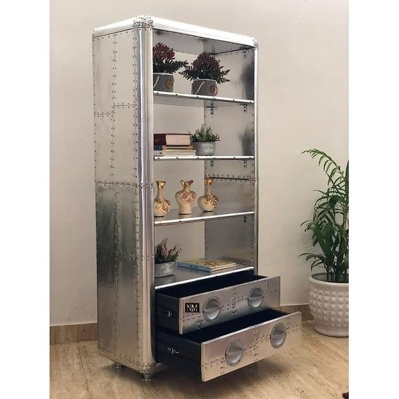 NauticalMart Art Deco Vintage Flyer Furniture Luxury Designer Aluminum Bookcase with Drawers Vintage Aviator Furniture (60 Inches)