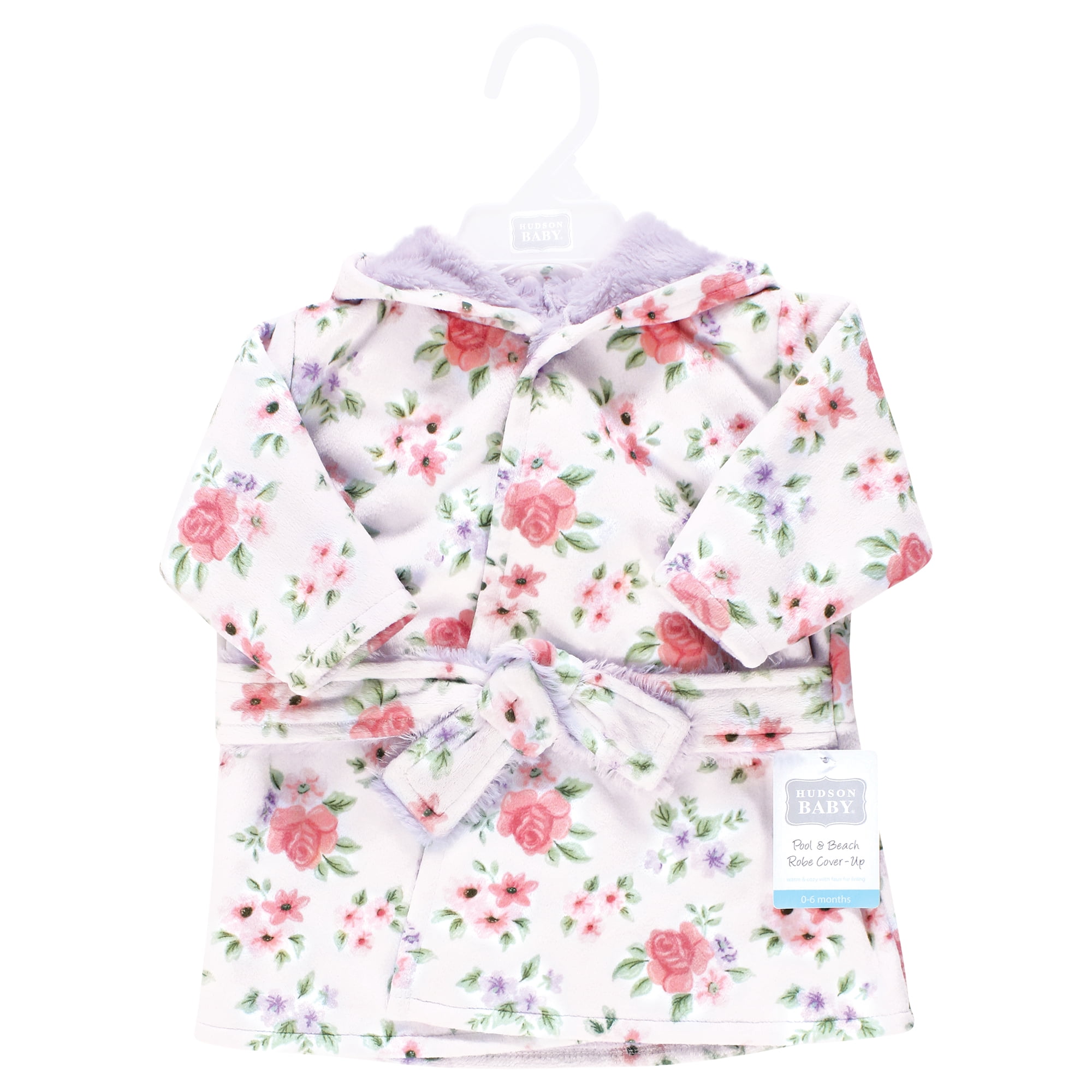 Hudson Baby Infant Girl Mink with Faux Fur Lining Pool and Beach Robe Cover-ups, Vintage Floral, 6-12 Months
