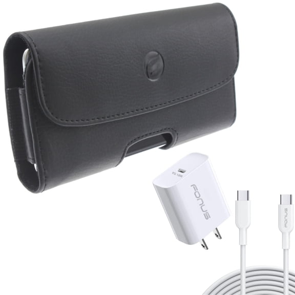 For Moto G Stylus 5G (2023) 18W PD Home Charger w Case Belt Clip Combo - Fast Type-C 10ft Long Cable Quick Power, Leather Holster Cover Pouch for Motorola Moto G Stylus 5G (2023) Phone