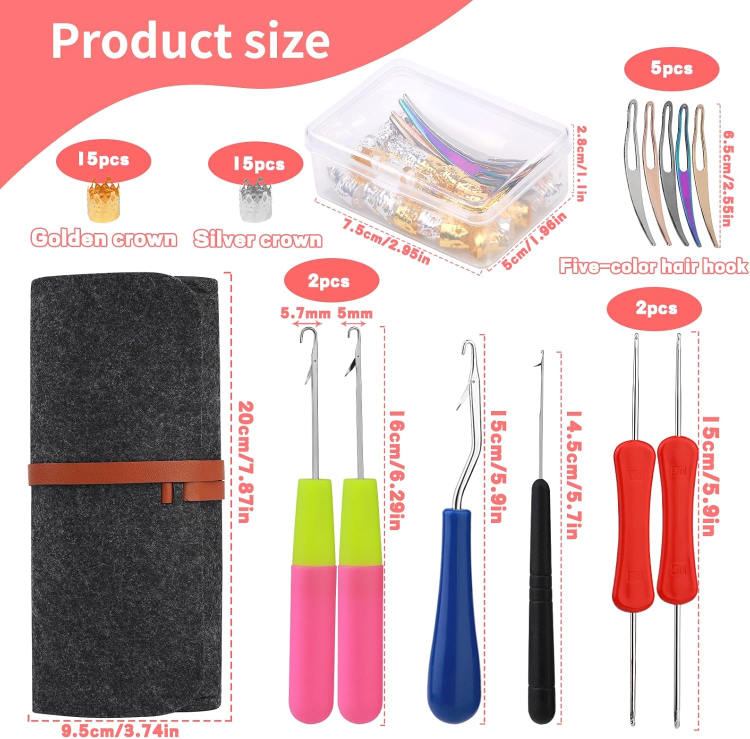 Dreadlock Crochet Hook, 48 Pcs Dreadlock Crochet Hook Tool, 6 Dreadlock Crochet Needle, Different Size Bent Latch Hook, Crochet Needle for Hair Braiding with Case and Dreadlocks Tool