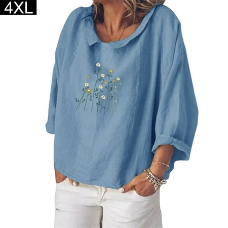 

BESTHUA Women Linen Shirt Loose Long Sleeve Blouse Casual Print Lapel Collar Top Gift for Party Beach Daily Wear