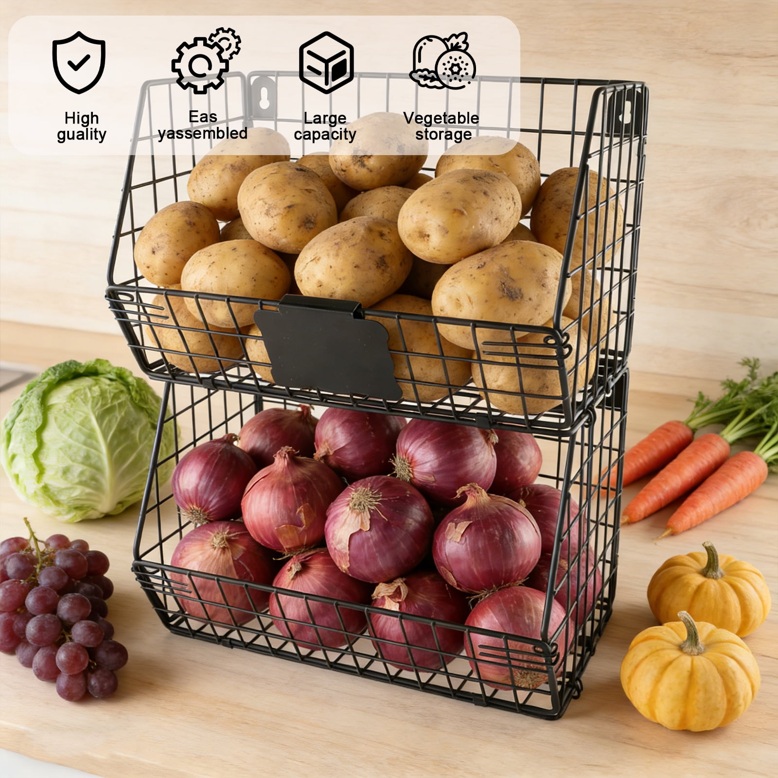 Pethiy 2-Piece Metal Wire  Onions & Potatoes Storage Baskets, Multi-Use Stackable Wall-Mount Produce Storage Set with Custom Labels