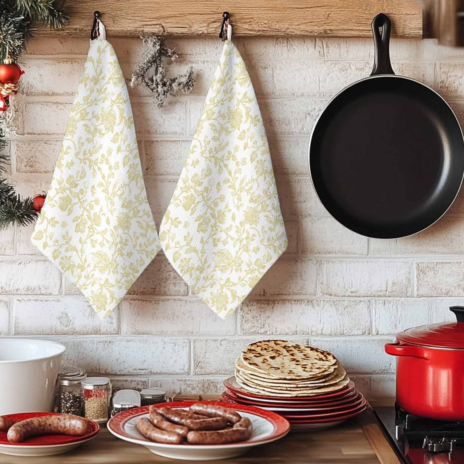Dish Towels, Yellow Pastoral Flower Absorbent Kitchen Towels 2 PCS, Farmhouse Floral Microfiber Hand Towels Dish Cloths Tea Towels for Home&nbsp;Bathroom Cleaning Drying,18X28-Inch,