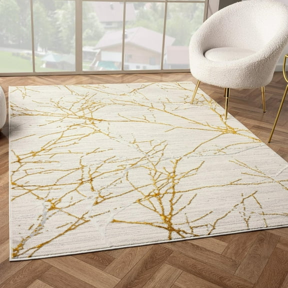 Luxe Weavers Modern Abstract Branches Cream Gold 8x10 Area Rug, Machine-Made Carpet