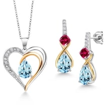 Gem Stone King 925 Sterling Silver and 10K Yellow Gold Sky Blue Topaz Red Created Ruby and White Lab Grown Diamond Pendant Necklace Earrings Set for Women (4.03 Cttw, with 18 inch Chain)