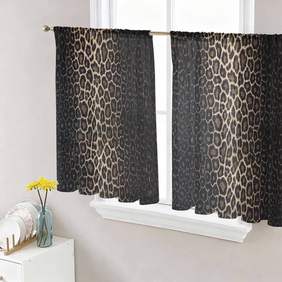 Leopard Print Semi Sheer Window Curtains 45 Inches Long, Chic Abstract Black Brown Animals Texture Rod Pocket Voile Silky Chiffon Curtain Light Filtering Drapes for Living Room, 52"x45", 2 Panels