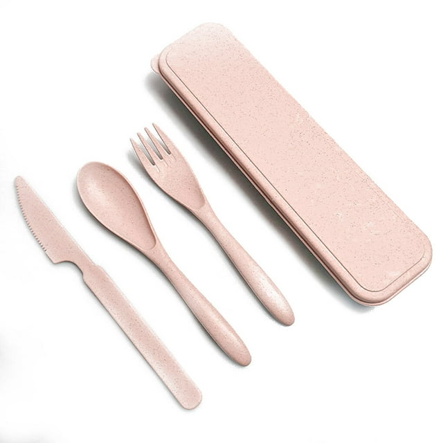 pitrice Wheat Straw Tableware Set Portable Reusable Solid Color Flatware Kit Indoor Outdoor Home Camping Dinnerware with Storage Case Pink