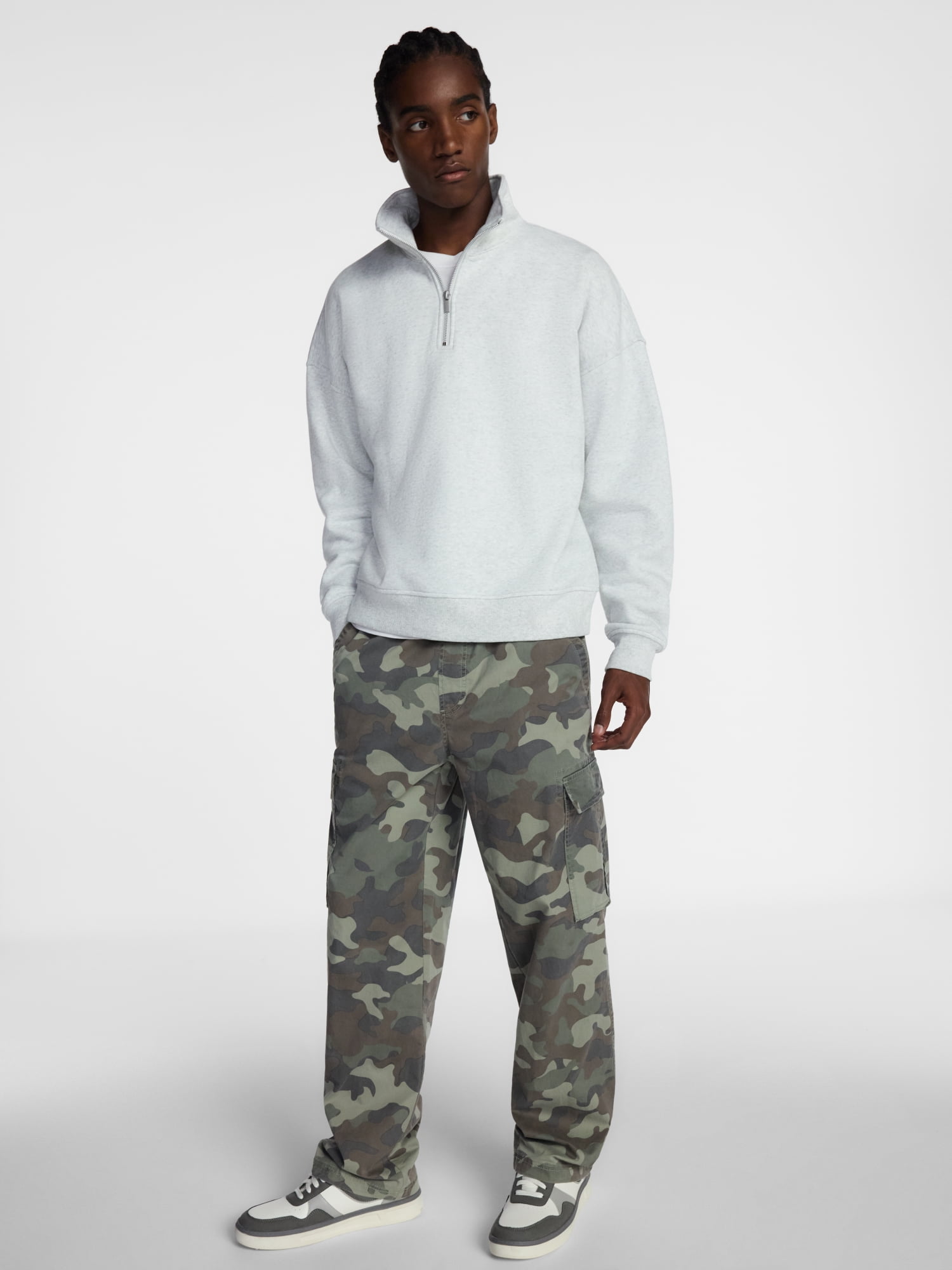 No Boundaries Boxy Fit Quarter Zip Fleece Sweatshirt with Long Sleeves, Men's XS-4XLT
