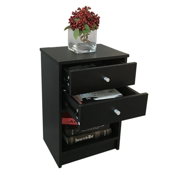 Two-Drawer Nightstand, Black Modern Bedside Table with Round Handles, Slim Storage Cabinet for Bedroom