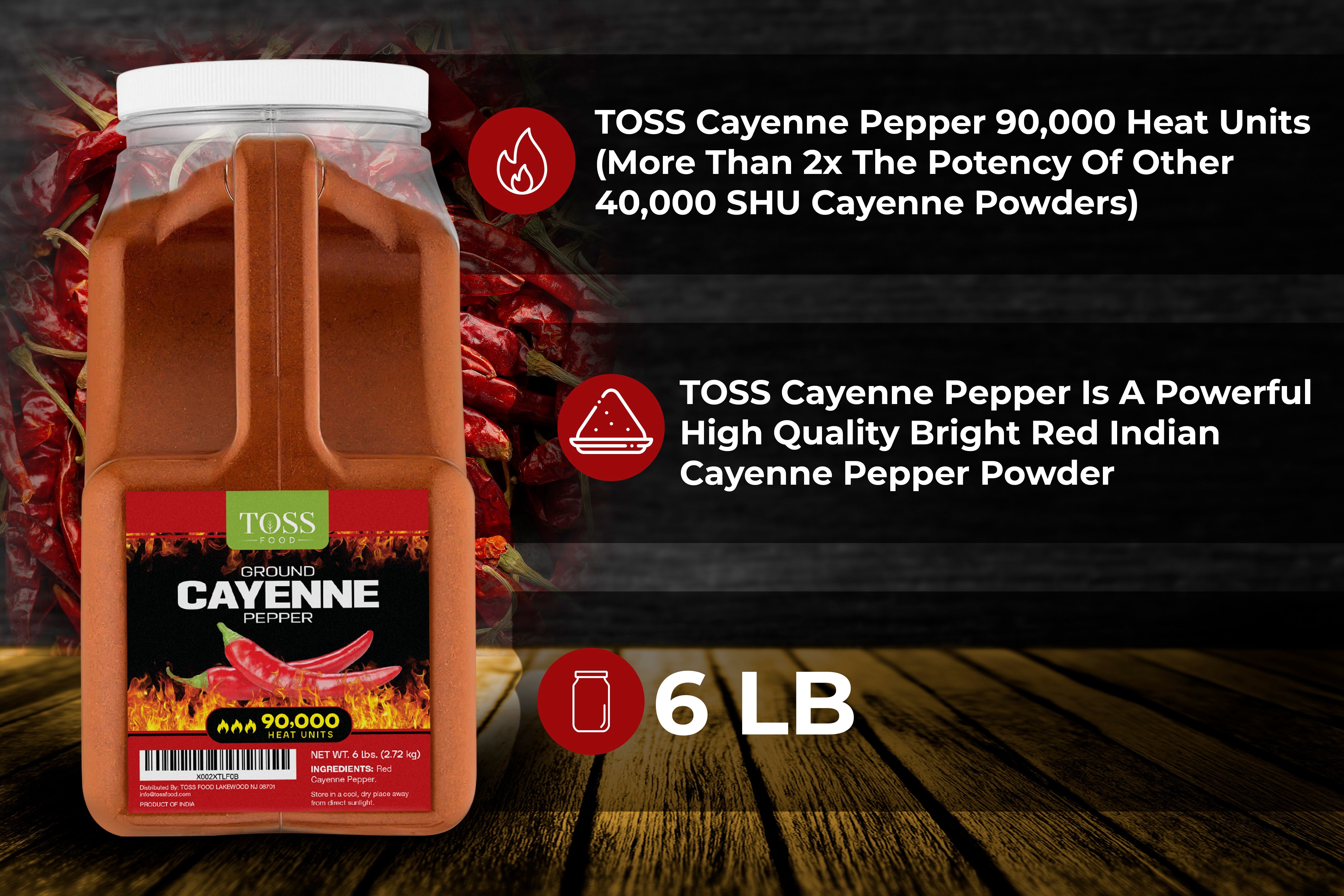 TOSS Extreme Hot Red Cayenne Pepper 90,000 Heat Units Pure and Natural - 6 lb Bulk