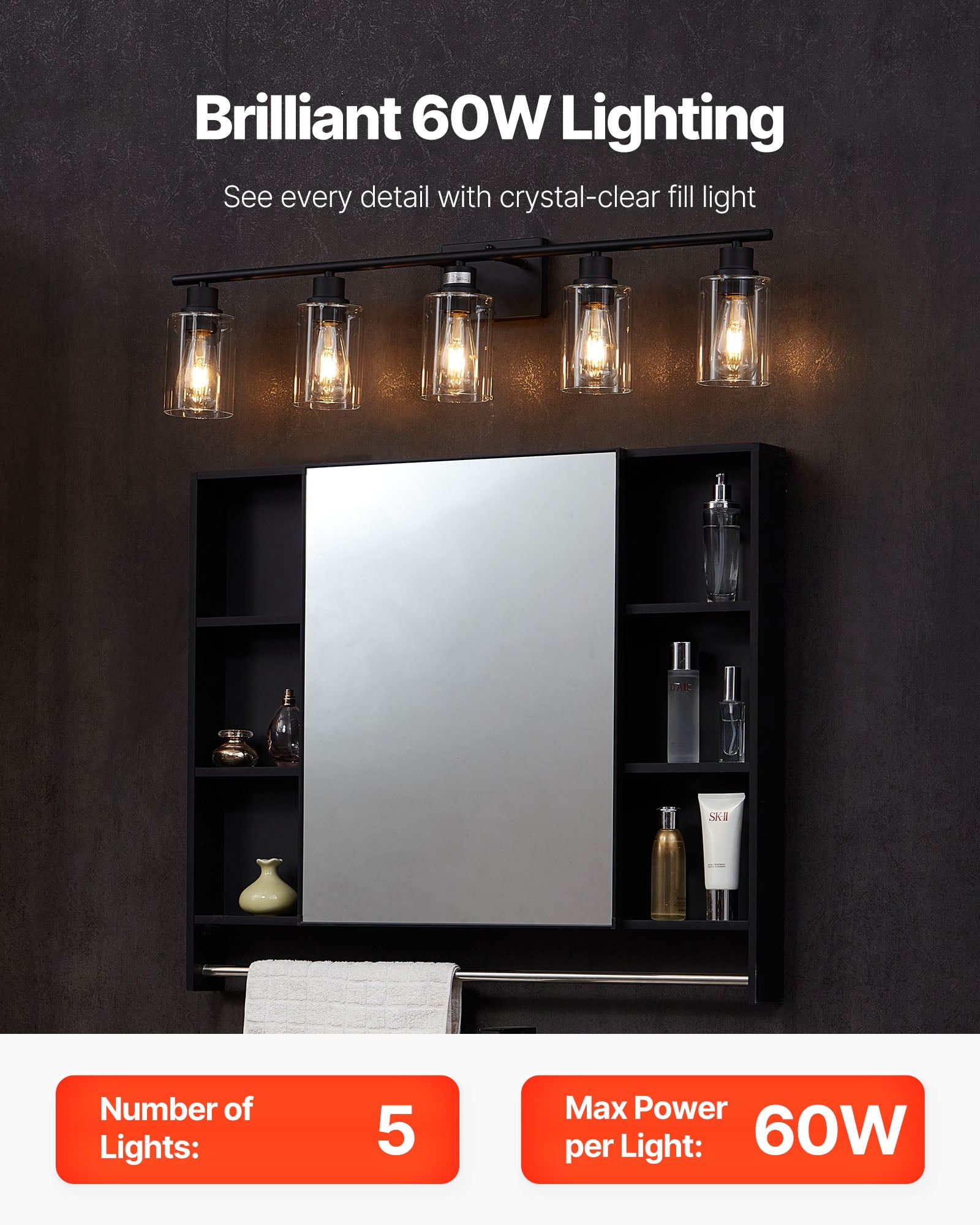 VEVOR 5-Light Bathroom Vanity Lights, 37.1-Inch, Modern Light Fixtures Above Mirror with Clear Glass Shade, 60W, Wall Lighting for Bathroom, Living Room, Bedroom, Hallway, E26 Base