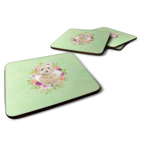 Carolines Treasures CK4406FC Champagne Cockapoo Green Flowers Foam Coaster Set of 4 3 1/2 x 3 1/2 multicolor