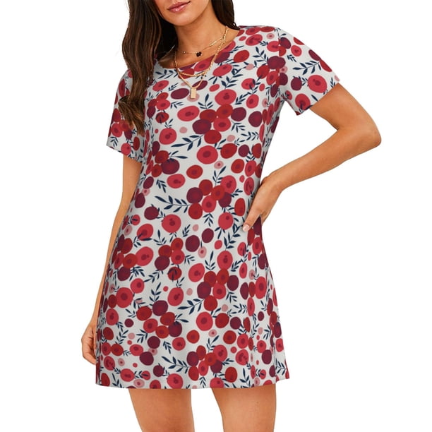 Disketp Red Hawthorn para Camisón Corto de Manga Corta para Mujeres, Camisón Cómodo con Escote Redondo, Bonito y Confortable