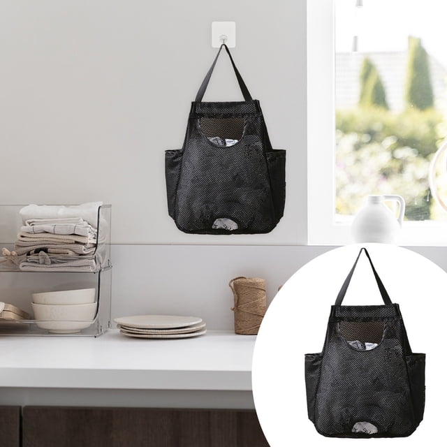 Oleegame 1PC Grocery Bag Rack Garbage Bag Rack Organizer Hanging Storage Dispenser Breathable Net Garbage Bag Organizer Plastic Bag Storage Kitchen Black