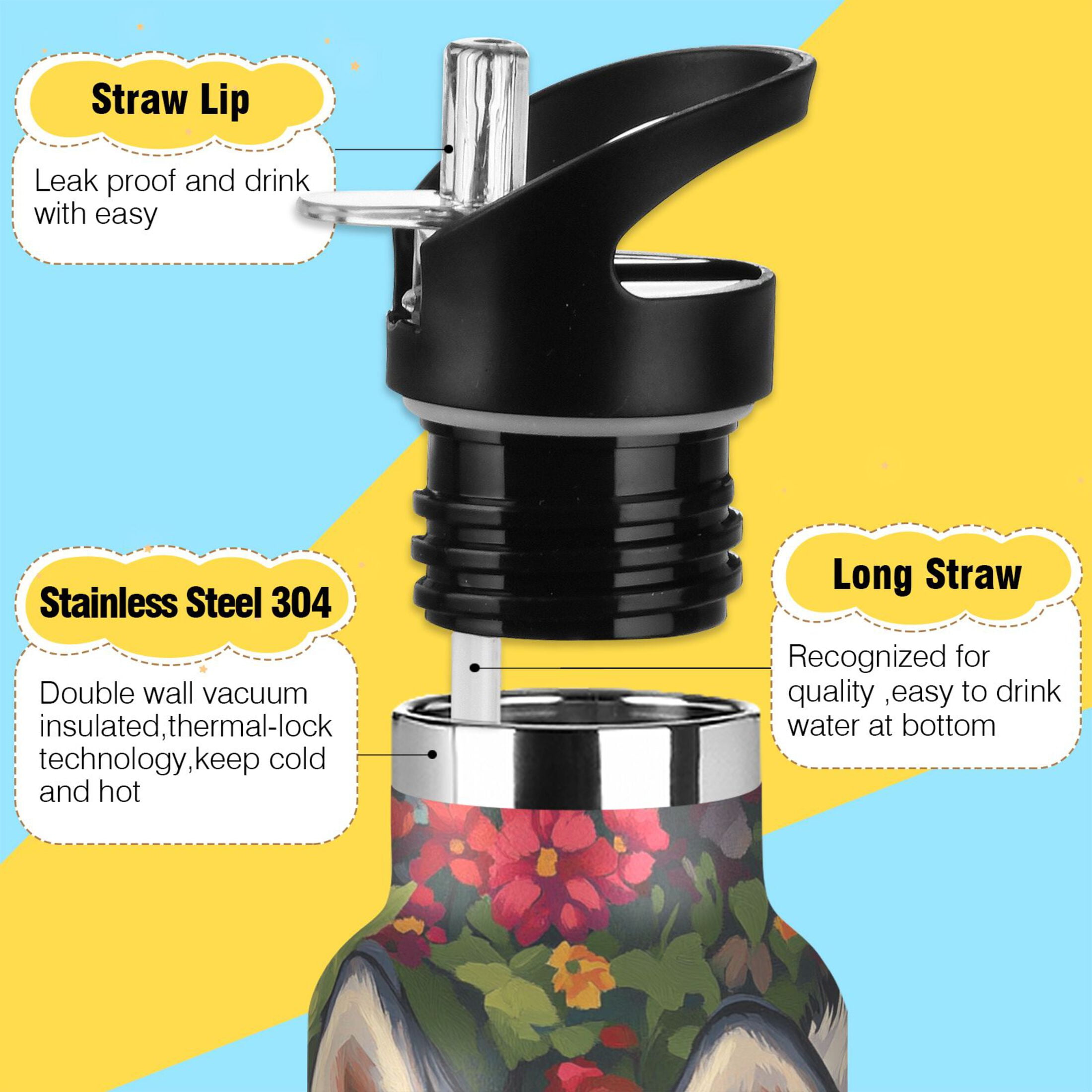 600ML Stainless Steel Insulated Cup Sports Water Bottle Portable Thermos Cup Water Glasses Insulated Tumblers Convenient and Durable Husky Flowers