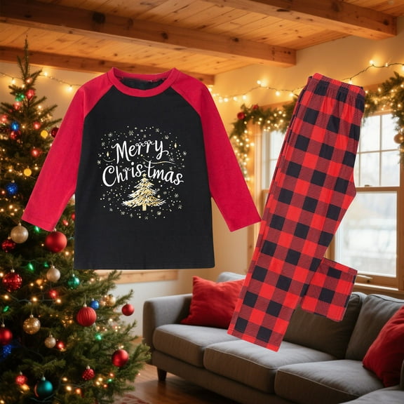 Mifsaly Christmas Family Pajamas Matching Sets 2025 Loose Christmas Pjs Crewneck Raglan Long Sleeve Sleepwear Merry Xmas Print Patchwork Nightwear Loose Plaid Pants Festival Funny Gifts Outfits