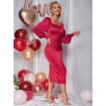 thumbnail image 3 of EILLY BAZAR Satin Dress for Women Lantern Sleeve Button Front Split Back Female Dress Red M, 3 of 4