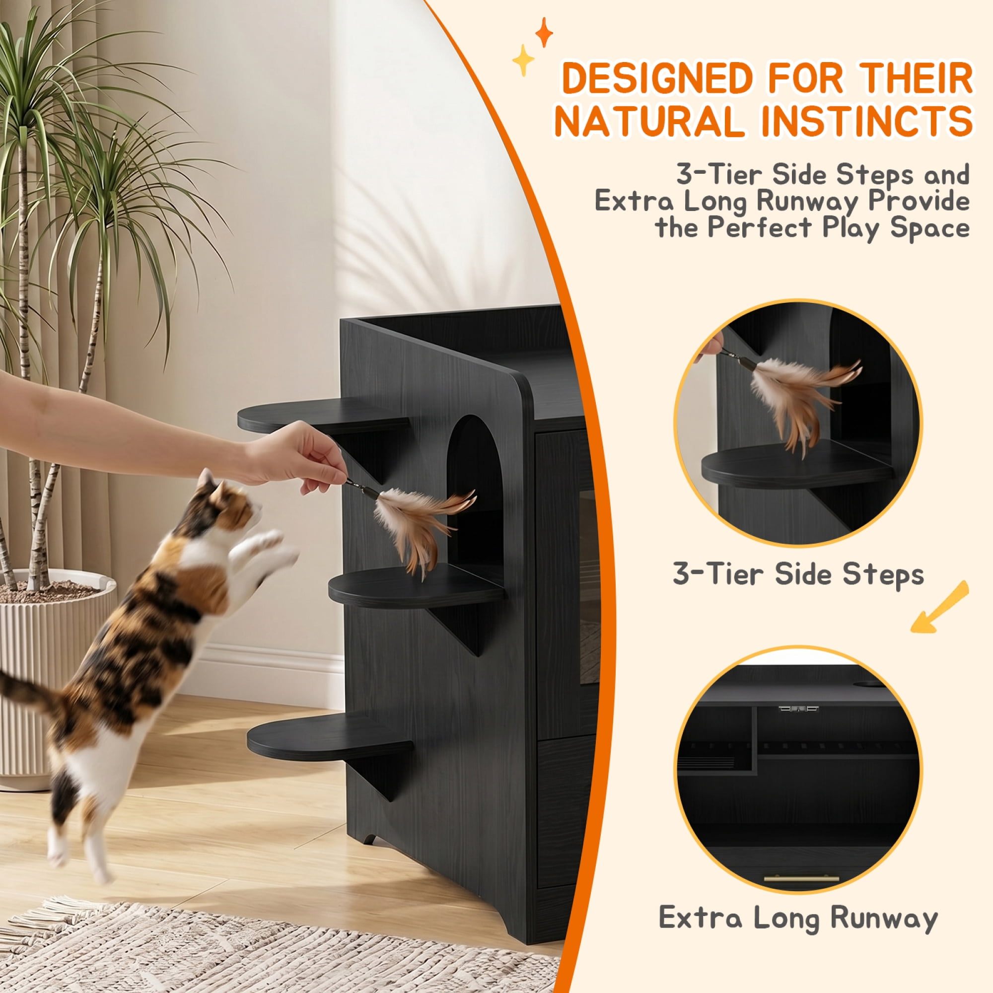 HOQBN Cat Litter Box Enclosure Furniture, Dog Proof Hidden Litter Box Cabinet with Acrylic Door, Extra Long Runway & Storage Drawer, Indoor Cat Play Area Black