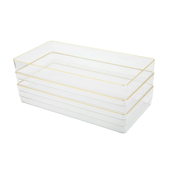 Martha Stewart Kerry 3 Pack Plastic Stackable Office Desk Drawer Organizers with Gold Trim, 12" x 6"