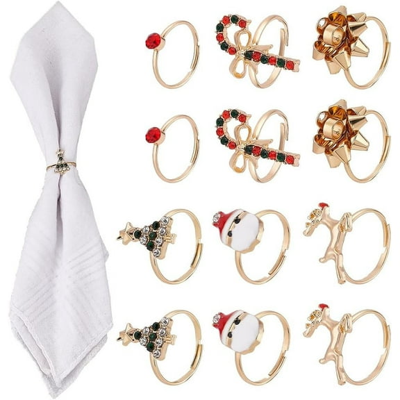 1box 18pcs 6 6 style Santa Claus & Christmas Tree & Flower & Deer & Cane Enamel Adjustable Rings set Christmas Theme Alloy Jewelry for Women Golden Inner Diameter: 16.5~17.4mm 3pcs/style