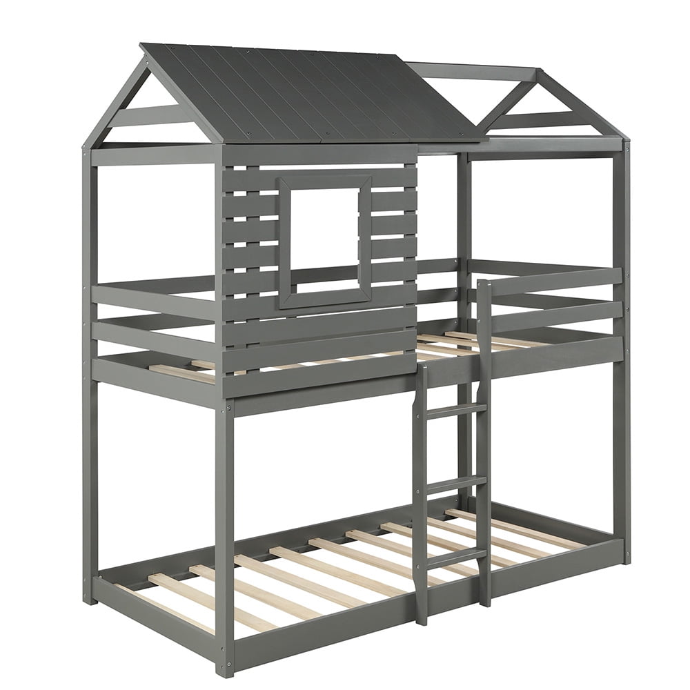 Kepooman Twin Over Twin Wood Bunk Bed with Roof & Window & Guardrail & Ladder for Kids, 77.8"L x 41"W x 83.1"H, Gray Kepooman Twin Over Twin Wood Bunk Bed with Roof & Window & Guardrail & Ladder for Kids, 77.8"L x 41"W x 83.1"H, Gray
