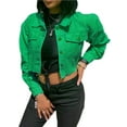thumbnail image 1 of Gureui Women's Denim Short Coat, Casual Solid Color Long Sleeve Lapel Jacket Button Down 2 Pockets Distressed Hem Crop Jeans Coat, 1 of 8
