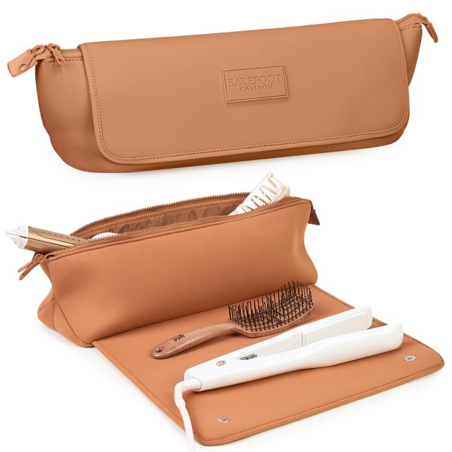 Bolsa de viaje BAREFOOT CARIBOU para herramientas capilares y tapete resistente al calor para planchas, alisadores, rizadores y accesorios para el cuidado del cabello. Diseño 2 en 1, con bolsillos int